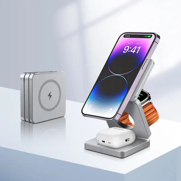 BlitzWolf BW-iw30 3-in-1 Foldable Magnetic 15W Wireless Charger Fast Charging Sation for iPhone 15 14 13 12 Pro/Max/Plus for Apple Watch 9/8/7/6/5/4/3/2/SE/Ultra 2 for AirPods 3/2/Pro Silver